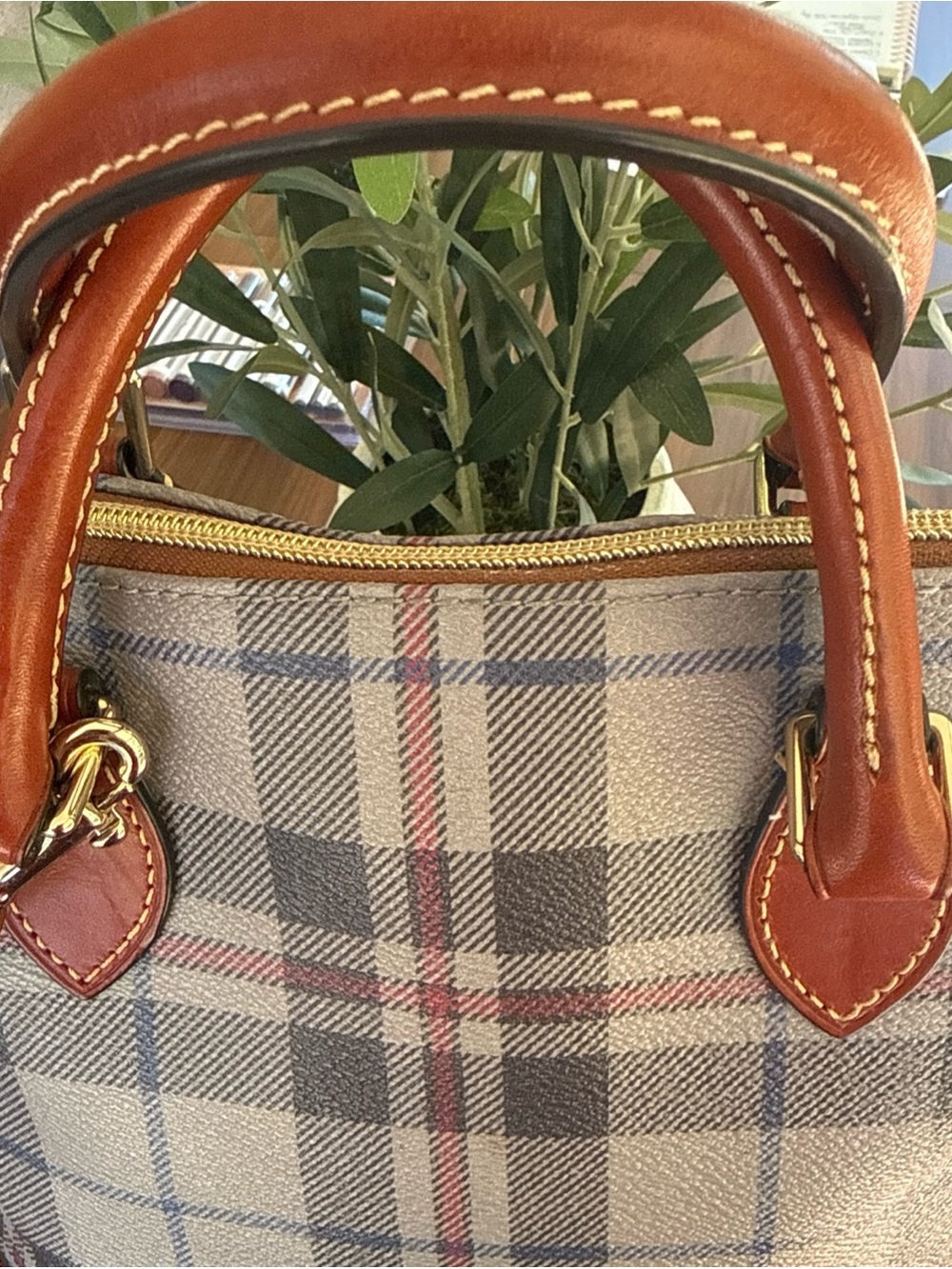 Dooney & Bourke Tiverton Gray Plaid Satchel with Brown Leather Trim. Dust bag. - Picture 4 of 14
